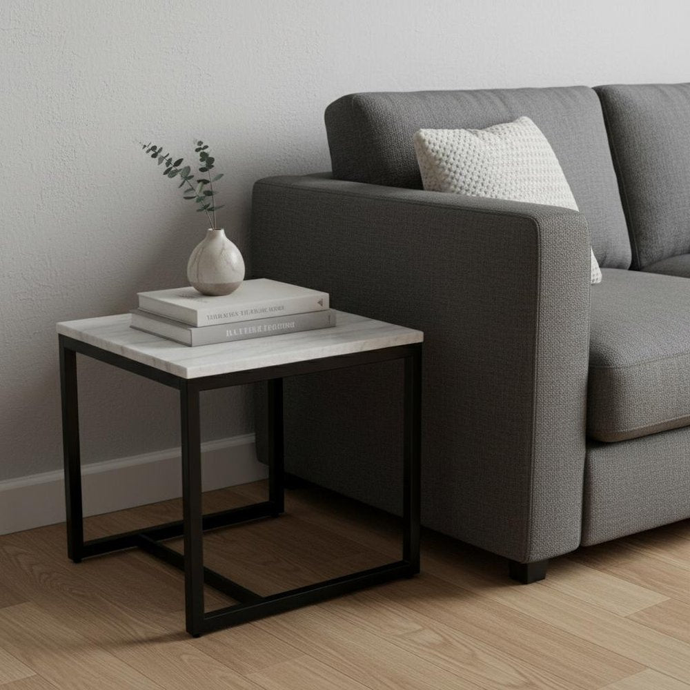 Black and White Stone and Metal Square End Table - 15-inch