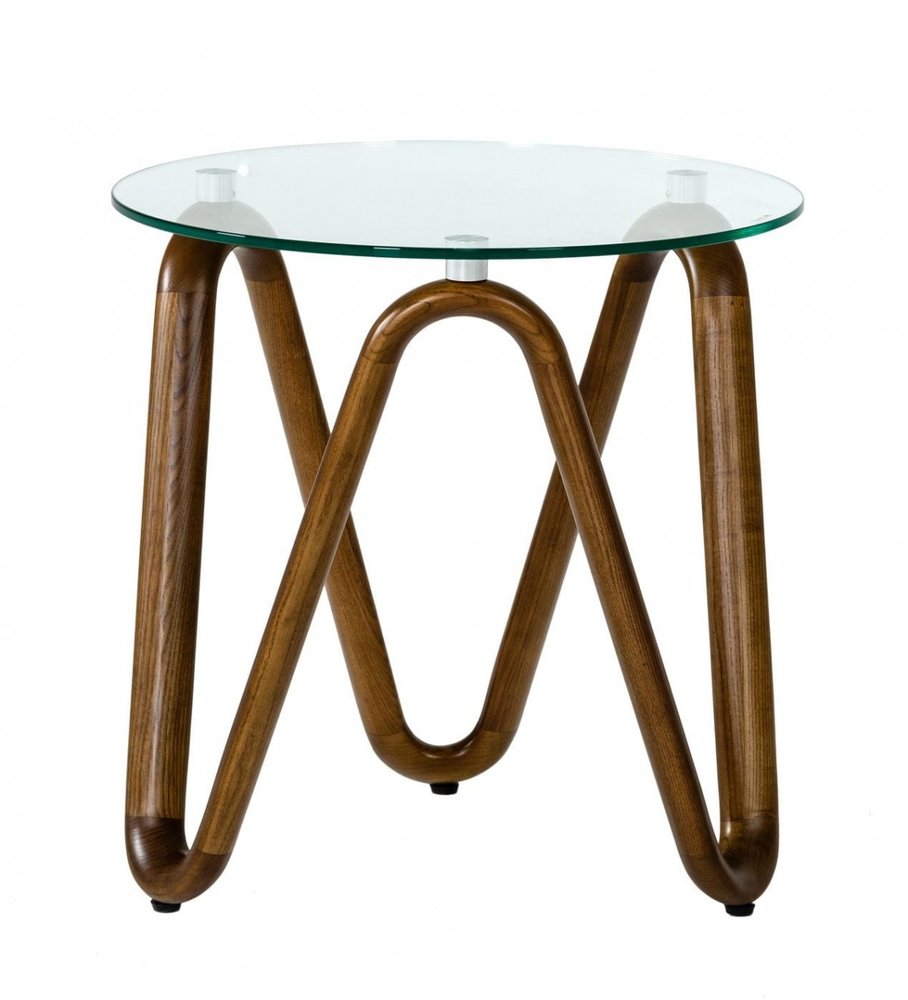 Walnut and Clear Glass Solid Wood Ribbon Base Round End Table - 20-inch