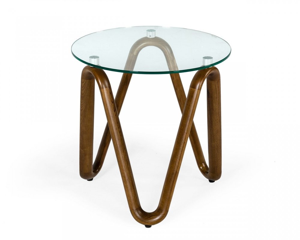Walnut and Clear Glass Solid Wood Ribbon Base Round End Table - 20-inch
