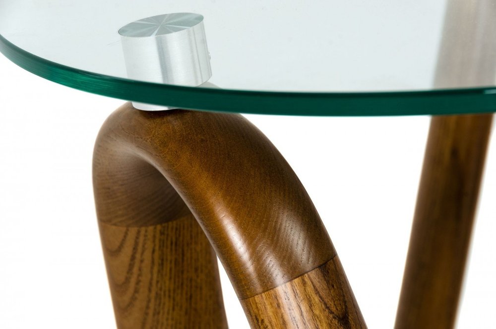 Walnut and Clear Glass Solid Wood Ribbon Base Round End Table - 20-inch