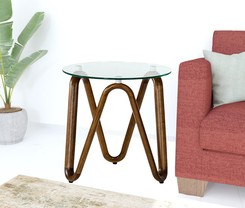 Walnut and Clear Glass Solid Wood Ribbon Base Round End Table - 20-inch
