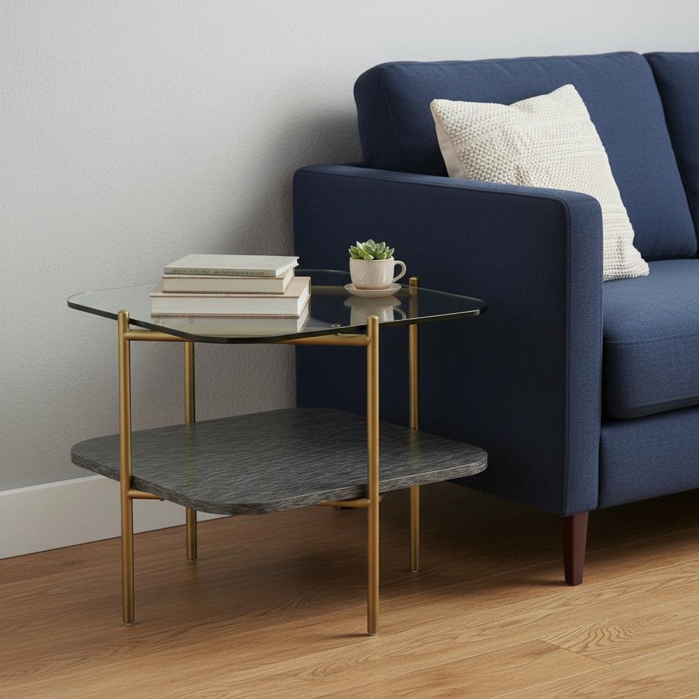 Gold and Clear Glass and Metal Square End Table with Shelf - 20-inch