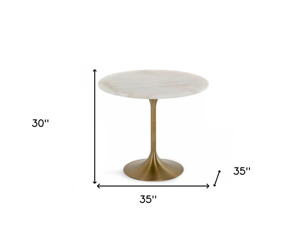 White and Gold Rounded Marble and Metal Dining Table - 35-inch