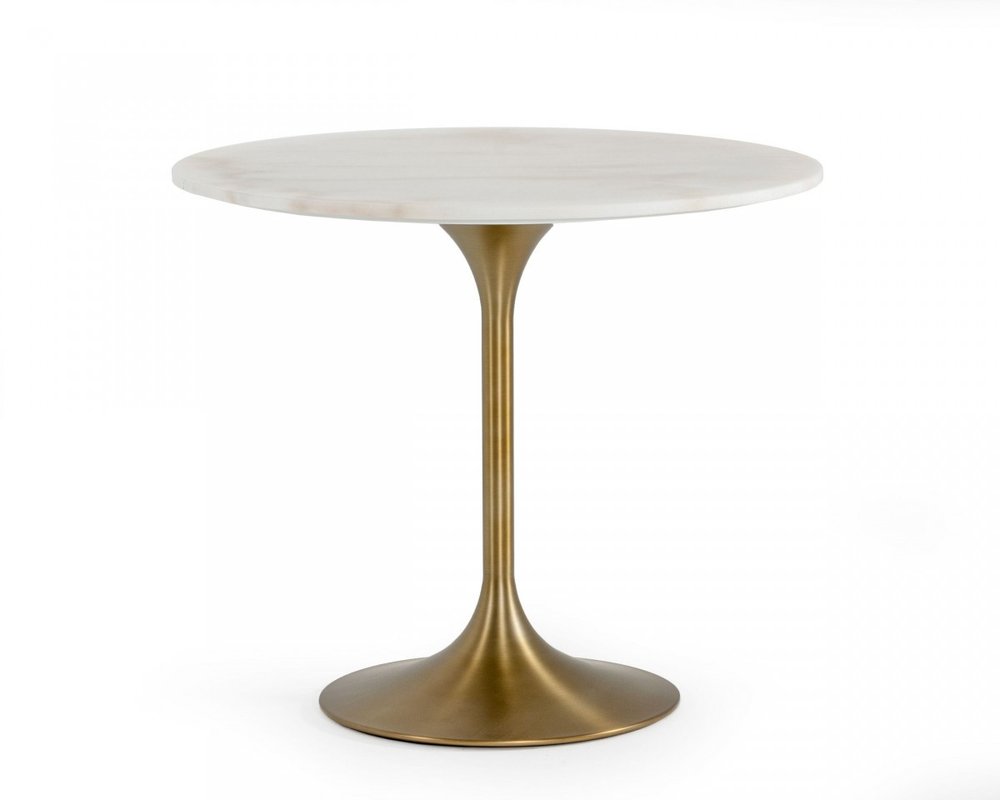 White and Gold Rounded Marble and Metal Dining Table - 35-inch