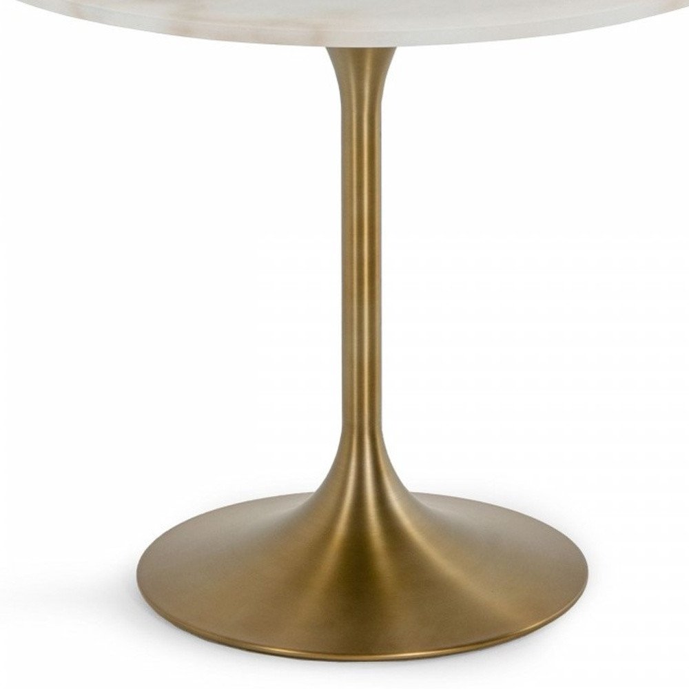 White and Gold Rounded Marble and Metal Dining Table - 35-inch