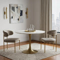 White and Gold Rounded Marble and Metal Dining Table - 35-inch