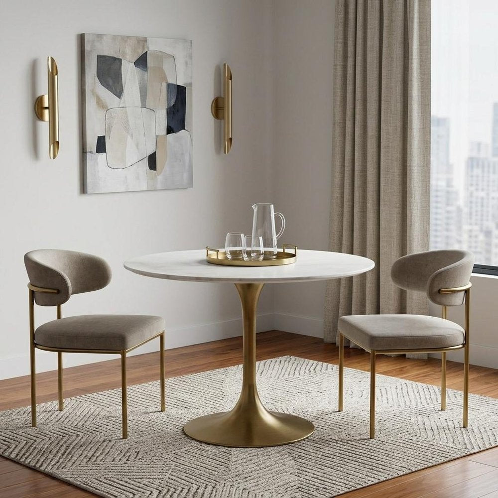 White and Gold Rounded Marble and Metal Dining Table - 35-inch
