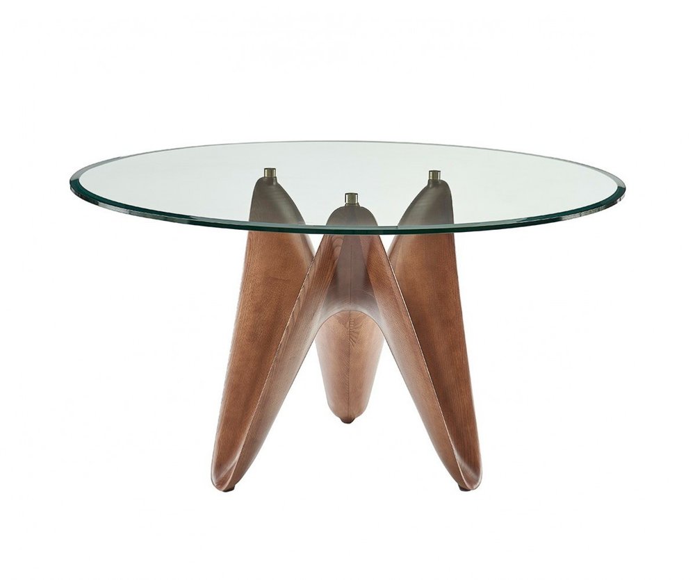Clear and Brown Rounded Glass and Solid Manufactured Wood Pedestal Base Dining Table