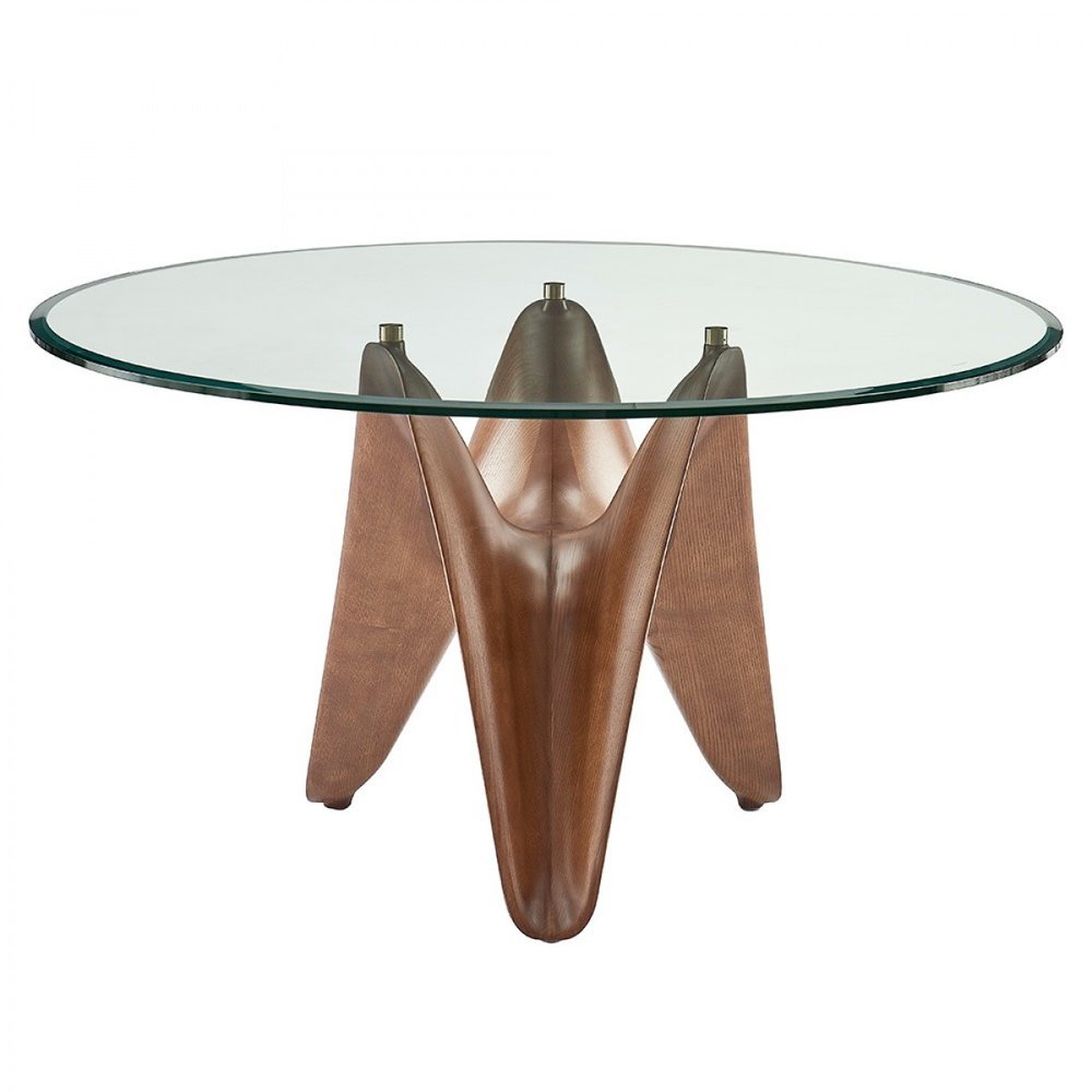 Clear and Brown Rounded Glass and Solid Manufactured Wood Pedestal Base Dining Table