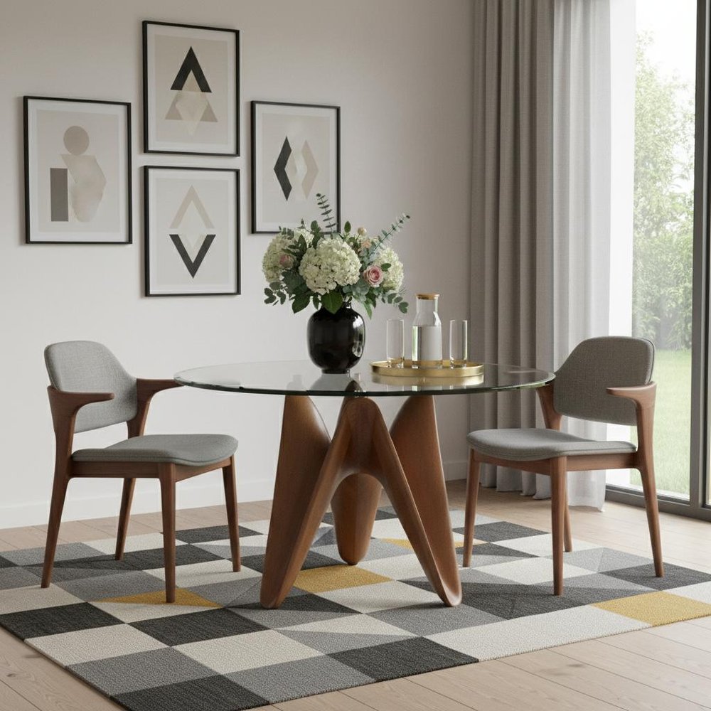 Clear and Brown Rounded Glass and Solid Manufactured Wood Pedestal Base Dining Table