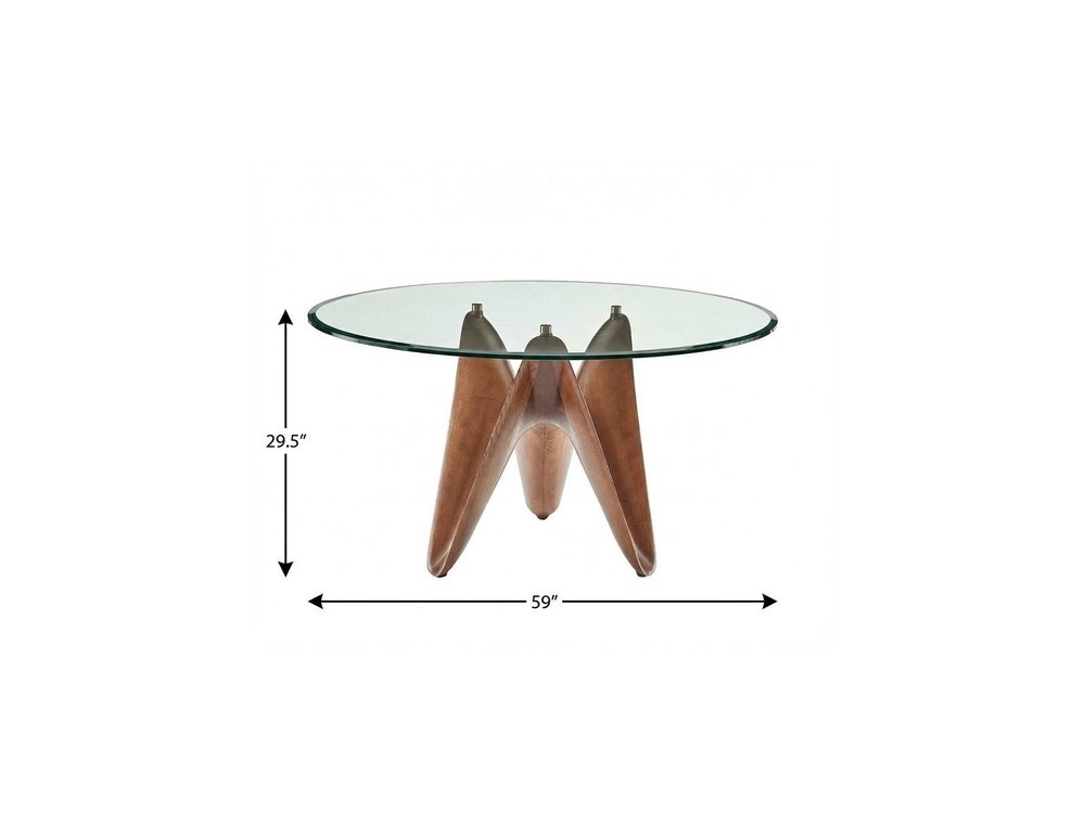 Clear and Brown Rounded Glass and Solid Manufactured Wood Pedestal Base Dining Table