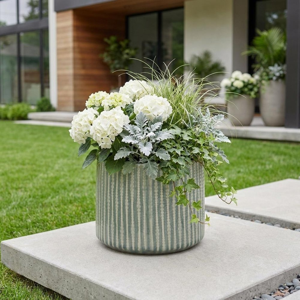 Green Striped Ceramic Indoor Outdoor Round Pot Planter - 6-inch