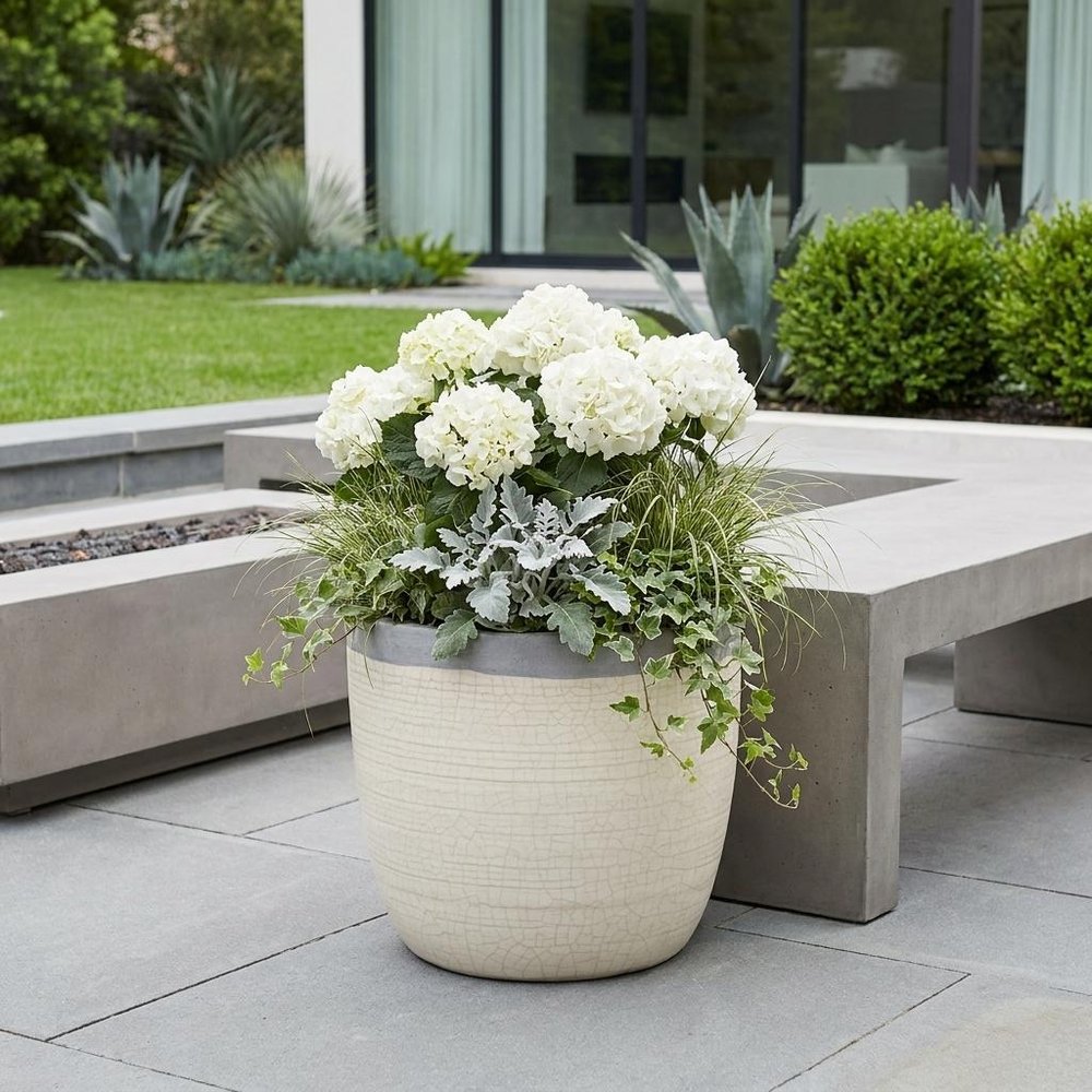 Cream and Gray Crackle Glaze Ceramic Indoor Outdoor Round Pot Planter - 6-inch