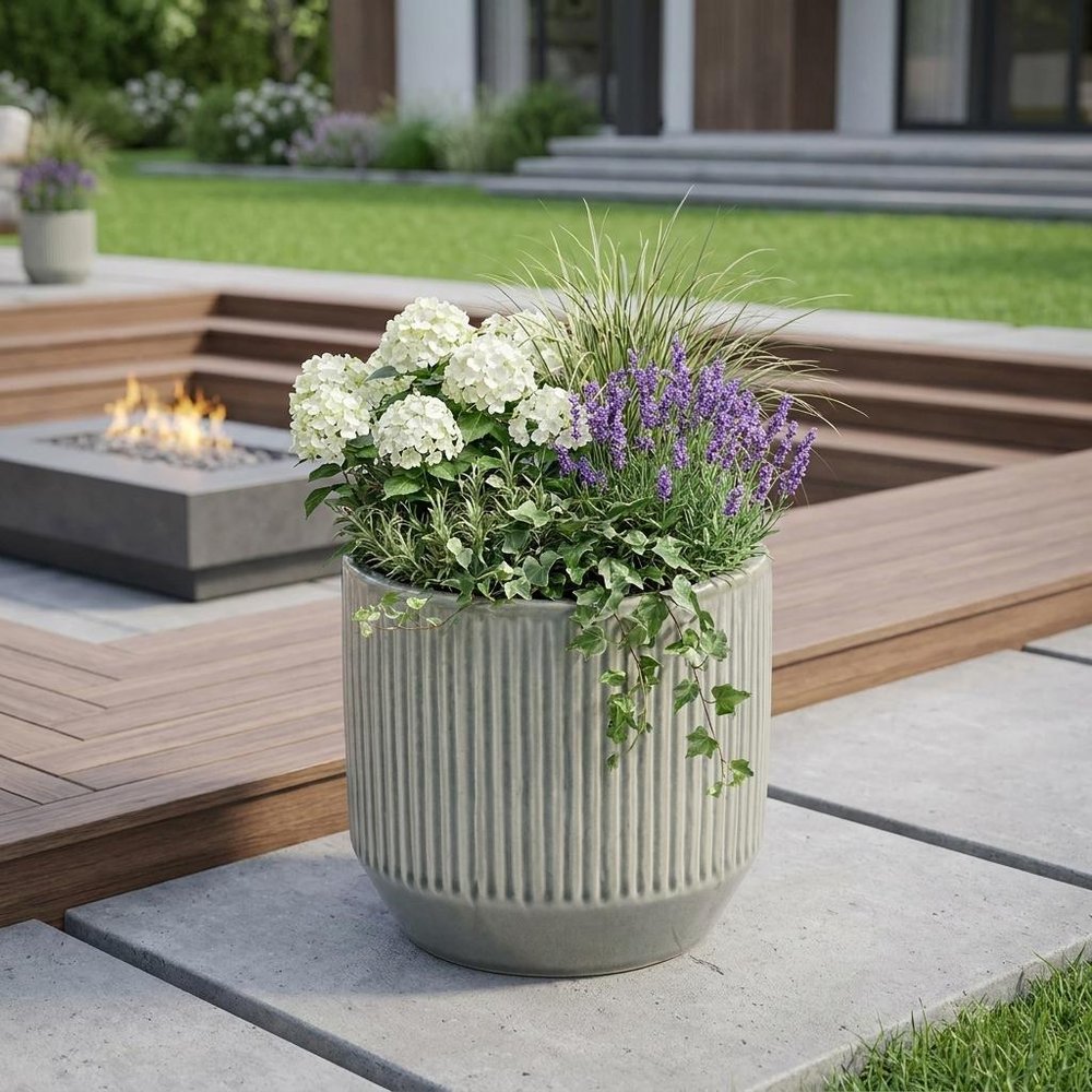 Gray Striped Ceramic Indoor Outdoor Round Pot Planter - 6-inch