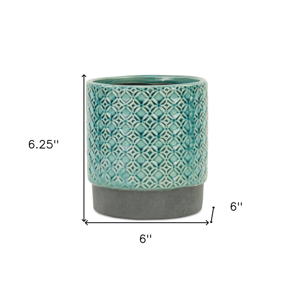 Turquoise Geometric Ceramic Indoor Outdoor Round Pot Planter - 6-inch