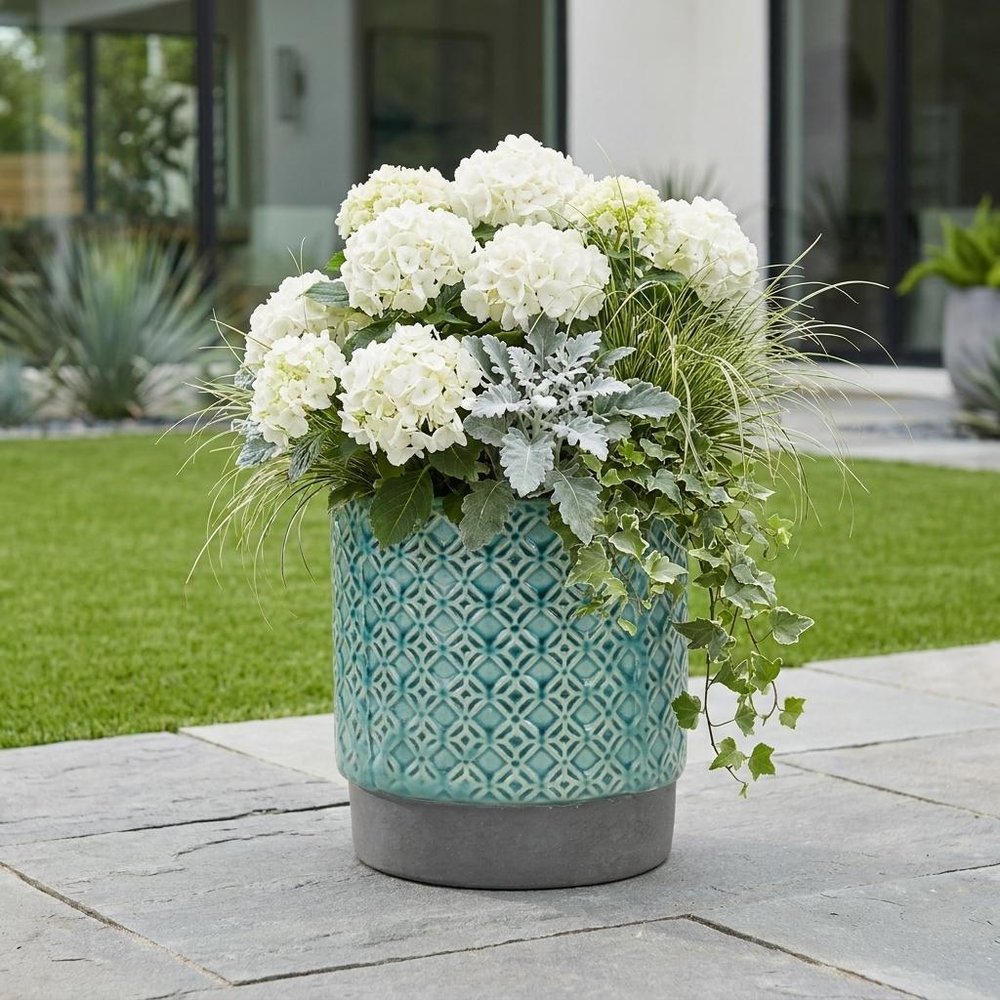 Turquoise Geometric Ceramic Indoor Outdoor Round Pot Planter - 6-inch