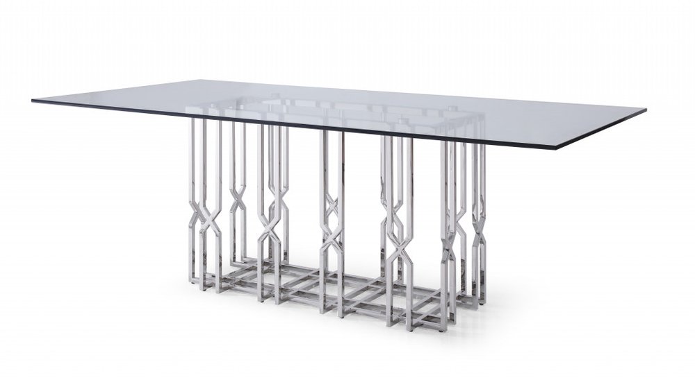 Clear and Silver Glass and Stainless Steel Pedestal Base Dining Table - 87-inch