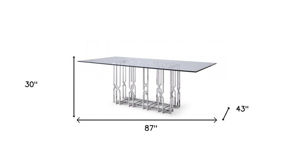 Clear and Silver Glass and Stainless Steel Pedestal Base Dining Table - 87-inch