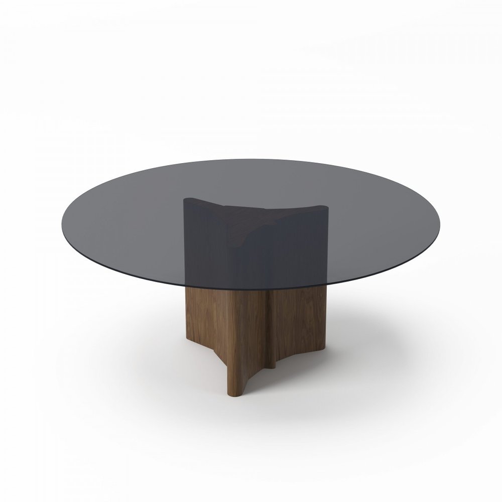 Smoky Black and Brown Rounded Glass and Solid Manufactured Wood Pedestal Base Dining Table