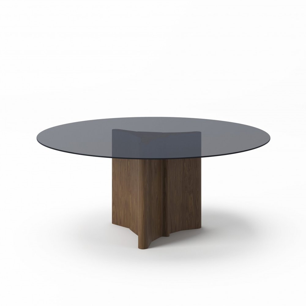 Smoky Black and Brown Rounded Glass and Solid Manufactured Wood Pedestal Base Dining Table