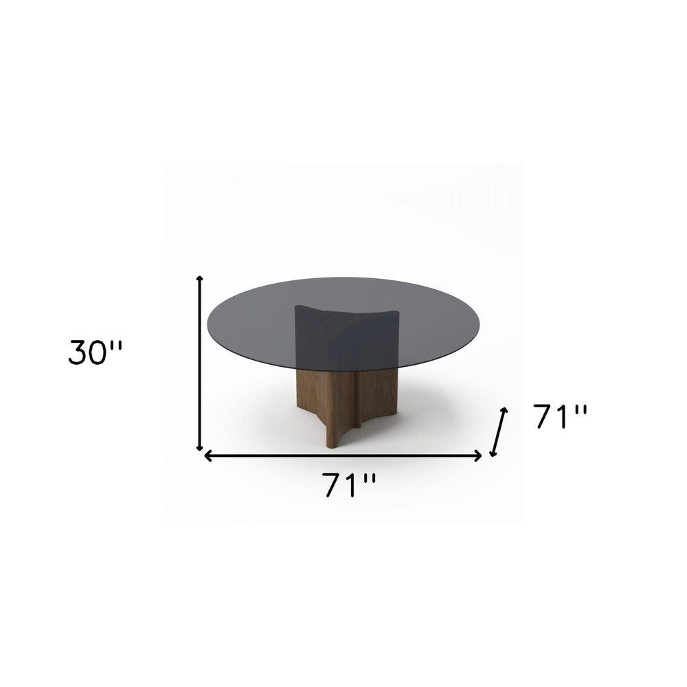 Smoky Black and Brown Rounded Glass and Solid Manufactured Wood Pedestal Base Dining Table