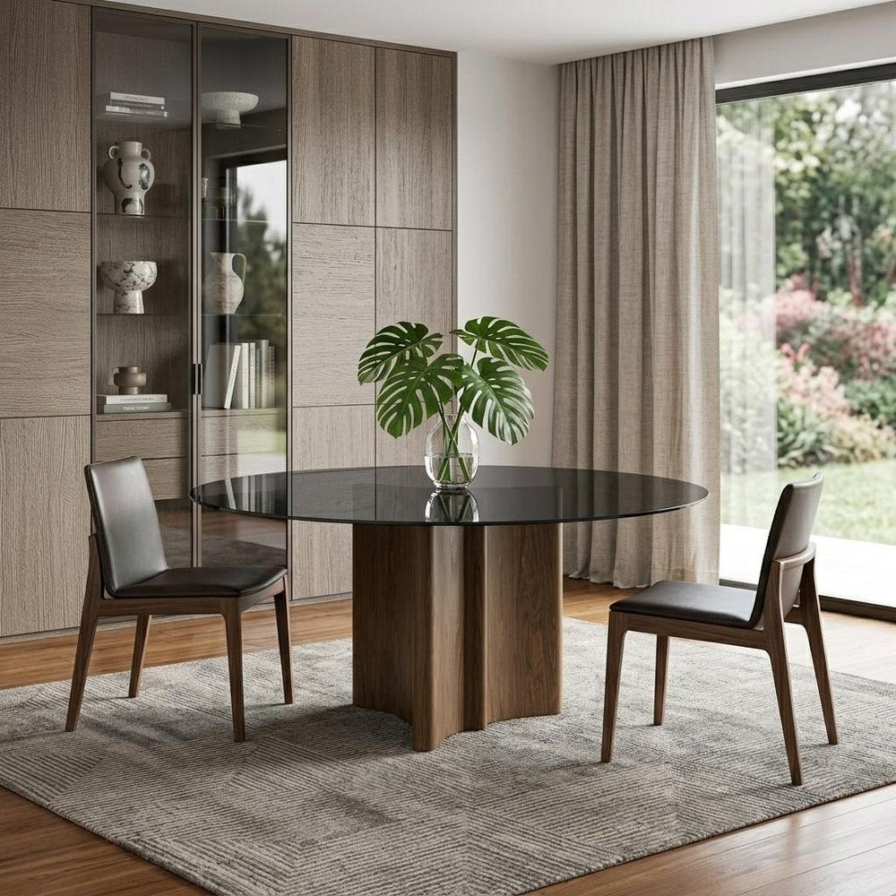 Smoky Black and Brown Rounded Glass and Solid Manufactured Wood Pedestal Base Dining Table