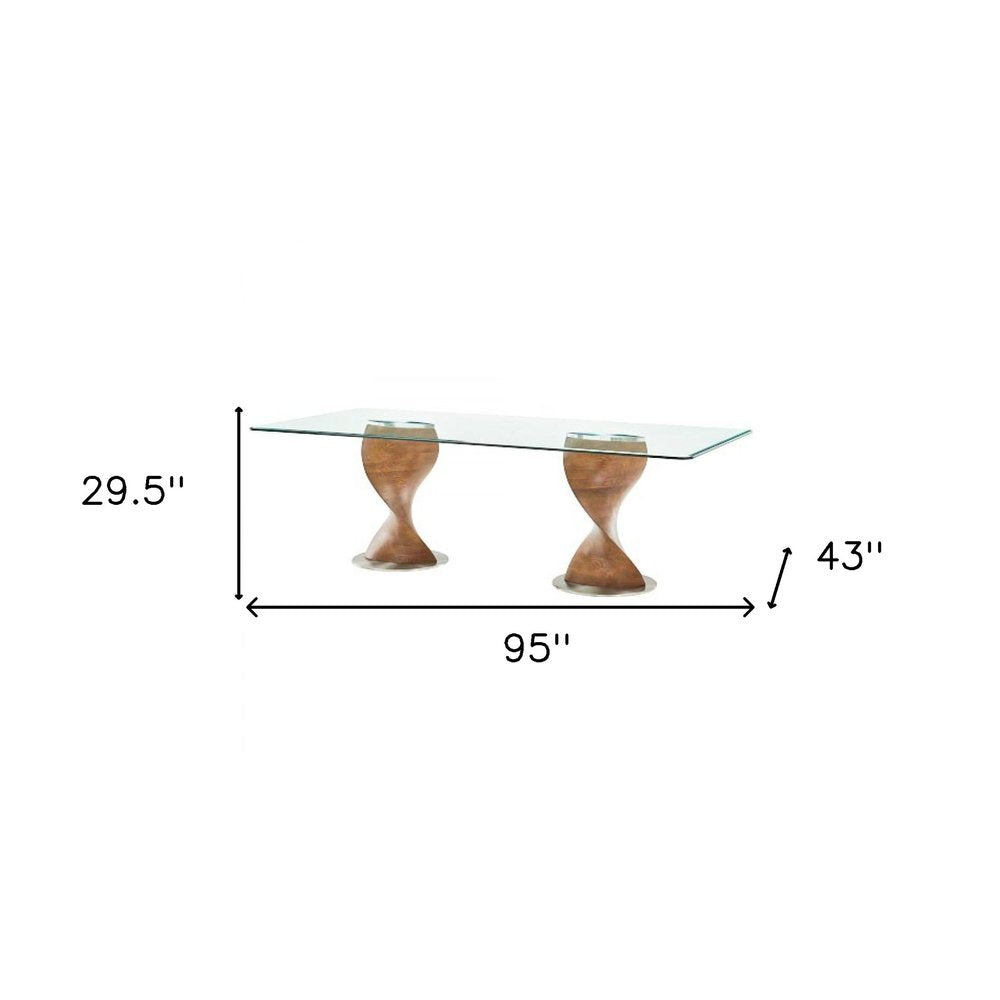 Clear and Brown Glass and Solid Wood Double Pedestal Base Dining Table - 95-inch