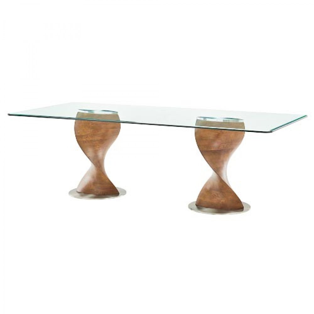 Clear and Brown Glass and Solid Wood Double Pedestal Base Dining Table - 95-inch