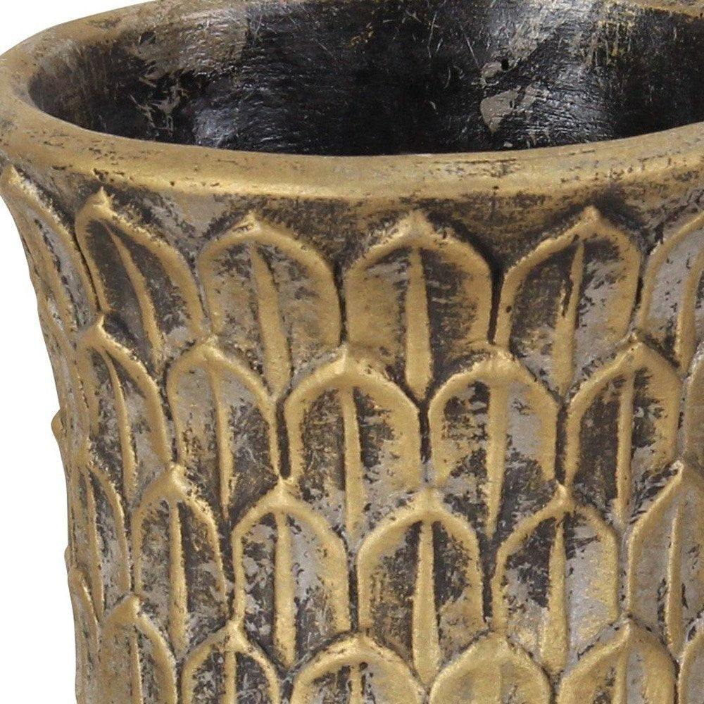 Antiqued Brass Textural Tone On Tone Cement Indoor Outdoor Round Urn Planter