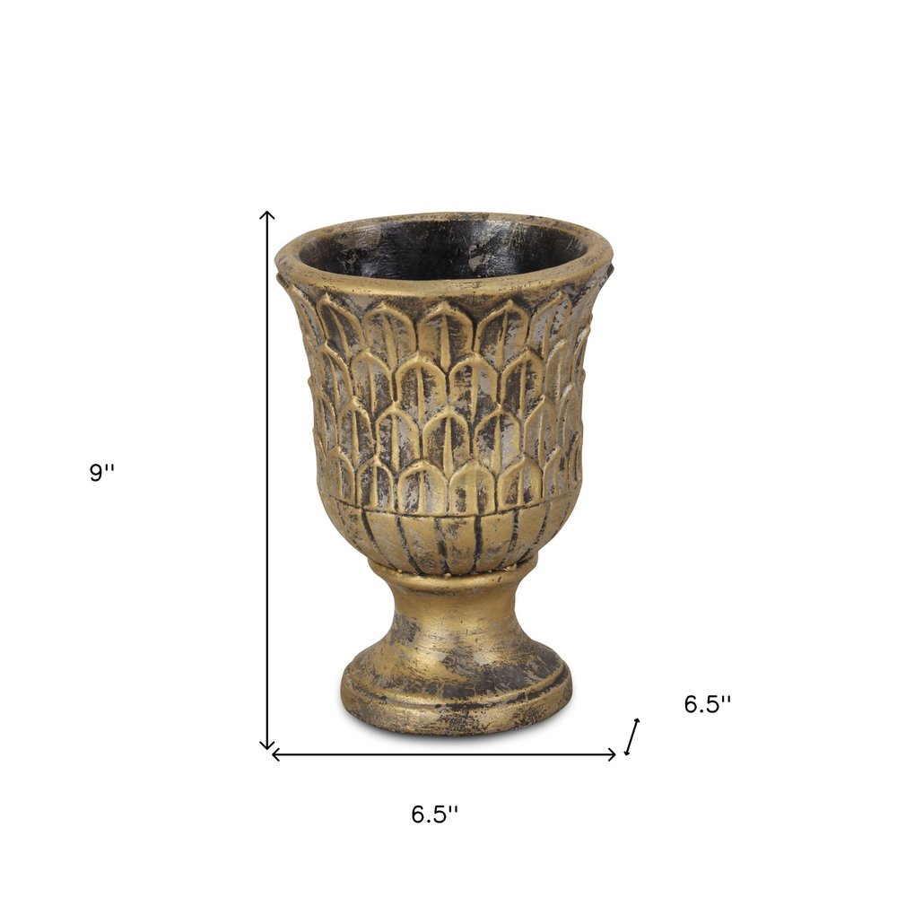 Antiqued Brass Textural Tone On Tone Cement Indoor Outdoor Round Urn Planter