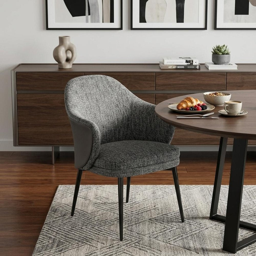 Gray and Black Upholstered Fabric and Faux Leather Wing Back Dining Arm Chair