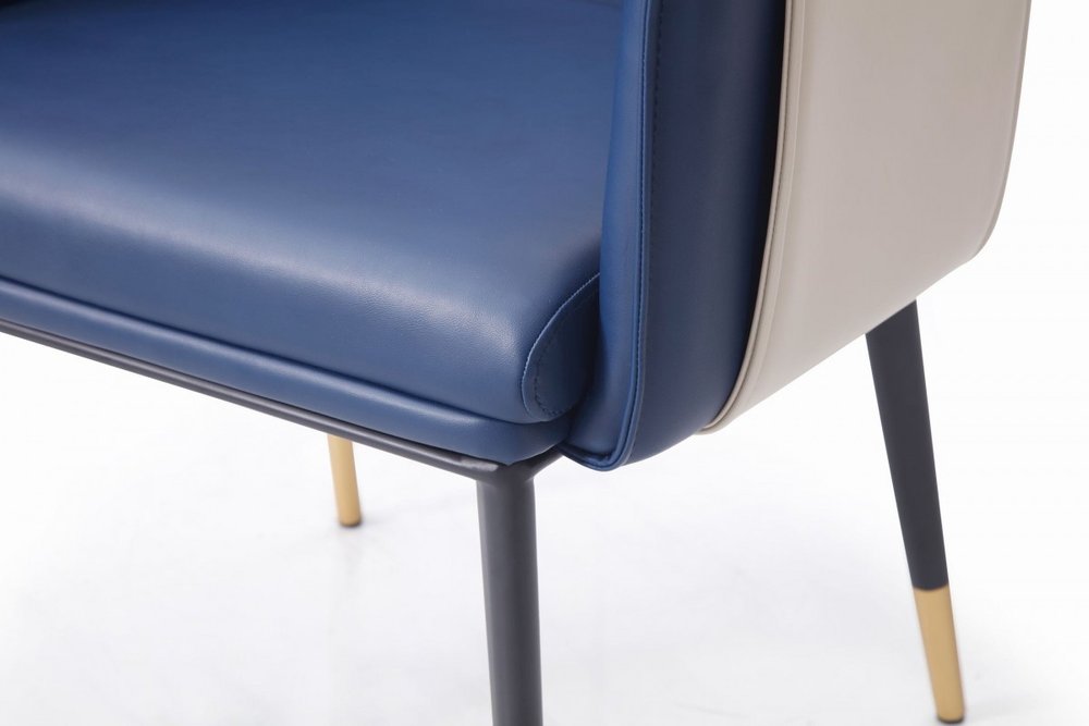 Blue Beige and Black Upholstered Faux Leather Dining Arm Chair