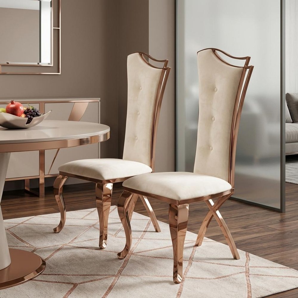 Set of Two Tufted Beige and Rose Gold Upholstered Velvet Dining Side Chairs