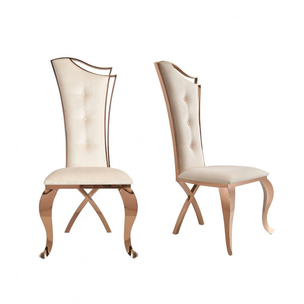 Set of Two Tufted Beige and Rose Gold Upholstered Velvet Dining Side Chairs