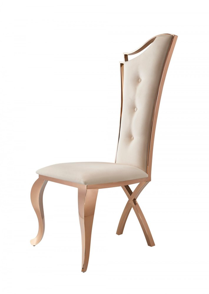 Set of Two Tufted Beige and Rose Gold Upholstered Velvet Dining Side Chairs