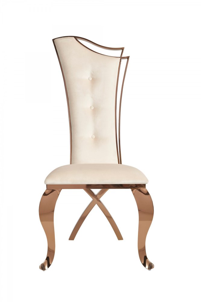 Set of Two Tufted Beige and Rose Gold Upholstered Velvet Dining Side Chairs