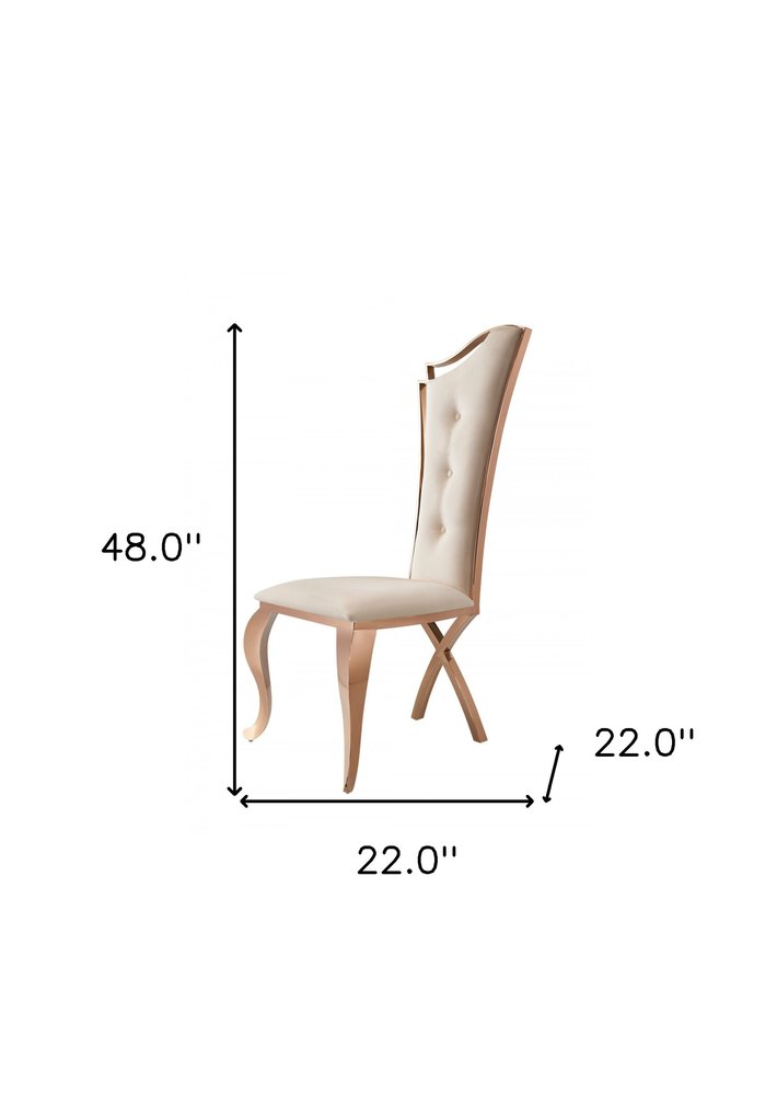 Set of Two Tufted Beige and Rose Gold Upholstered Velvet Dining Side Chairs