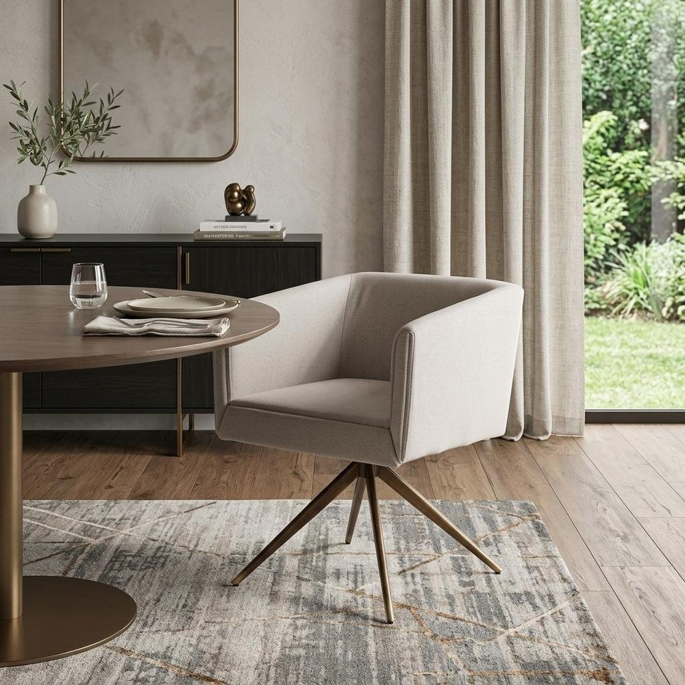 Light Gray and Brass Upholstered Fabric Dining Arm Chair