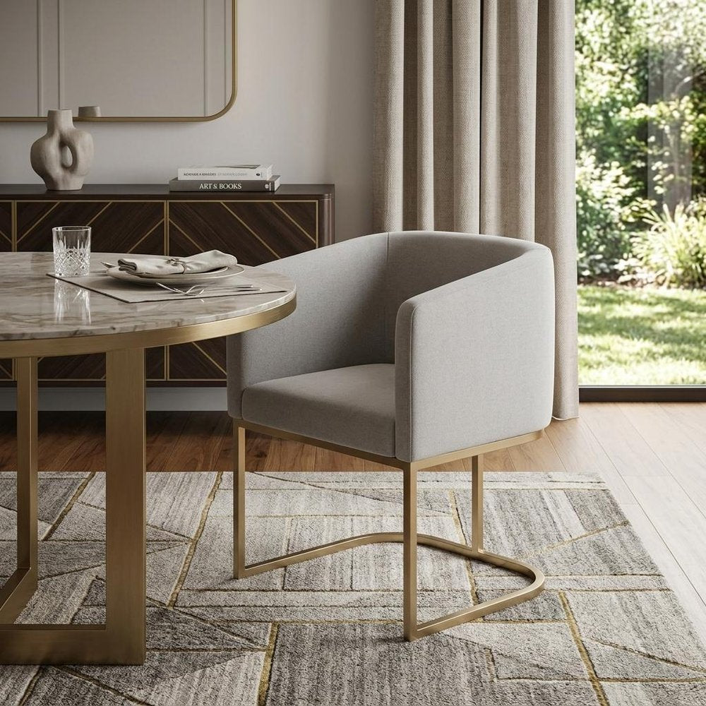 Light Gray and Antiqued Brass Upholstered Fabric Dining Arm Chair