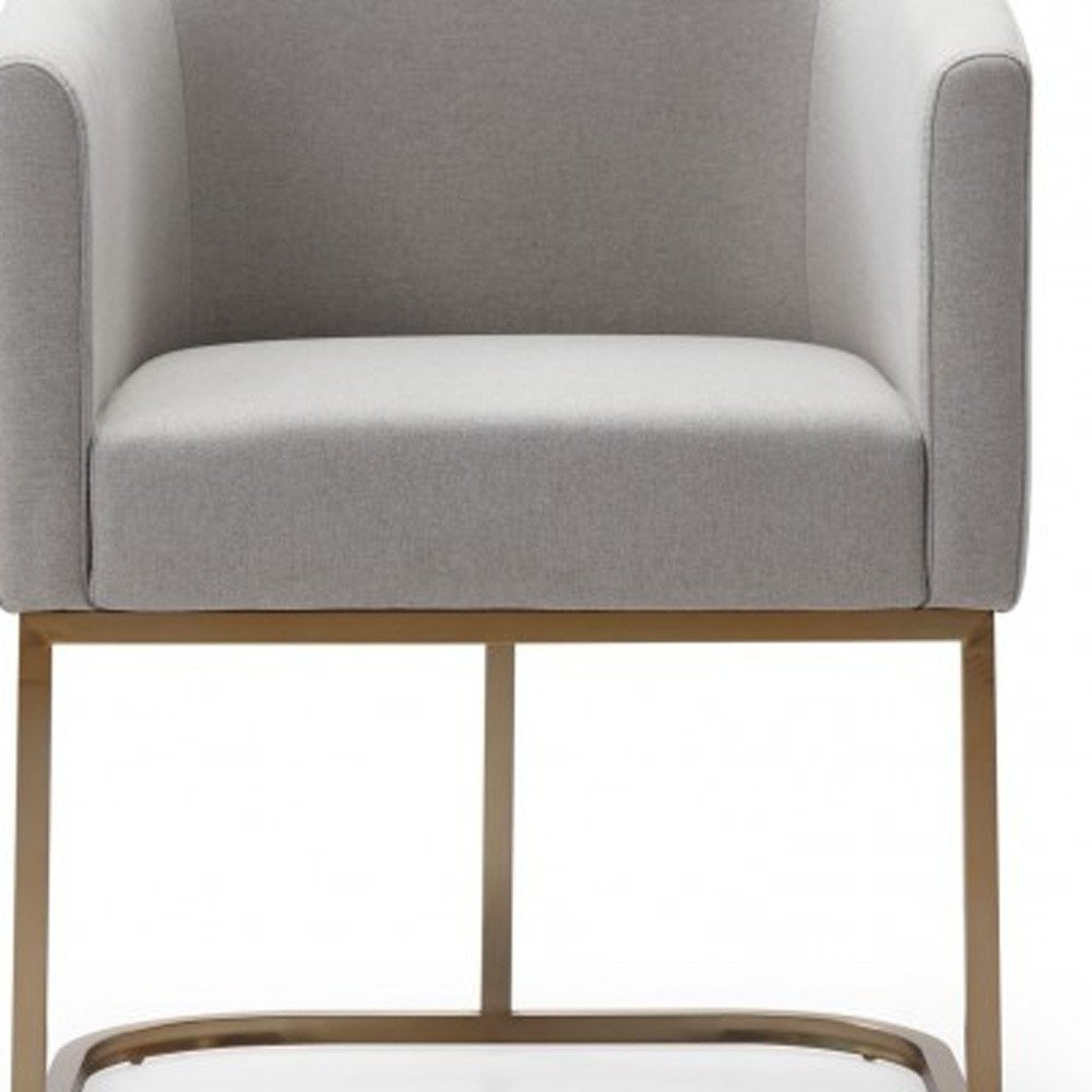 Light Gray and Antiqued Brass Upholstered Fabric Dining Arm Chair