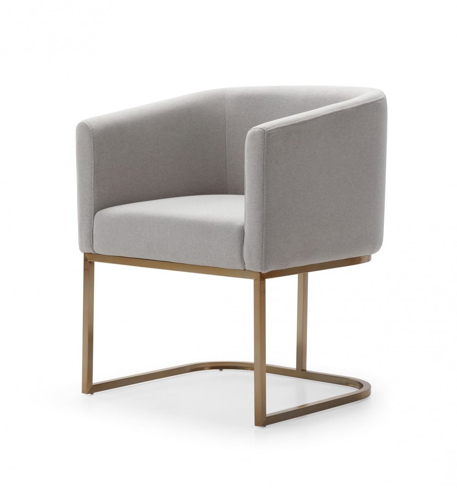 Light Gray and Antiqued Brass Upholstered Fabric Dining Arm Chair
