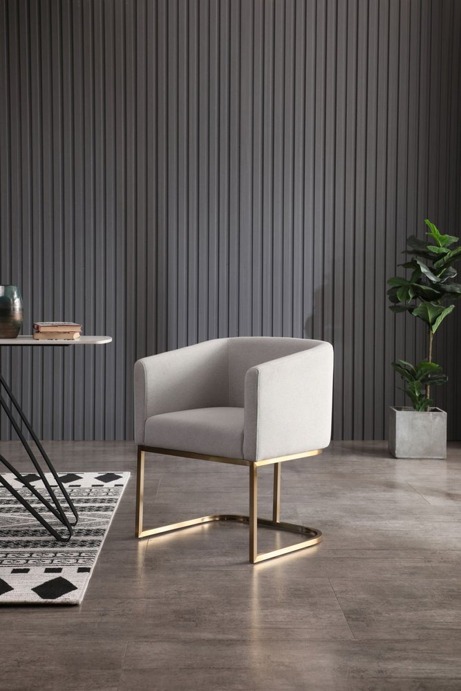 Light Gray and Antiqued Brass Upholstered Fabric Dining Arm Chair