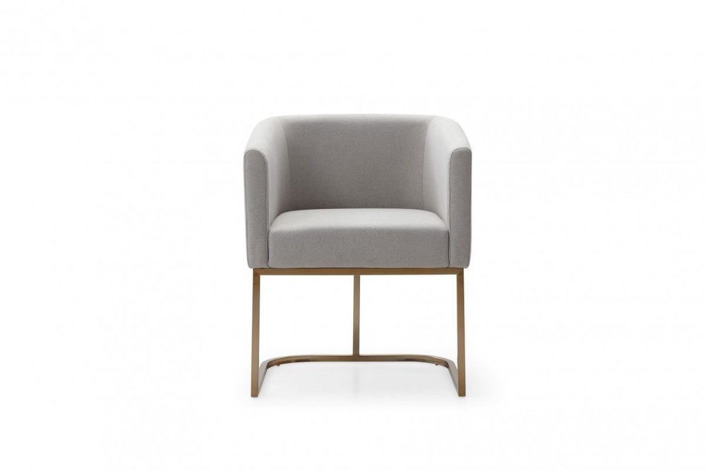 Light Gray and Antiqued Brass Upholstered Fabric Dining Arm Chair