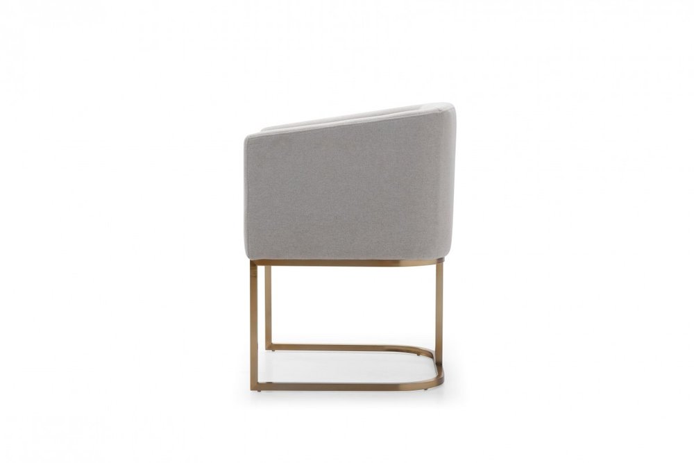 Light Gray and Antiqued Brass Upholstered Fabric Dining Arm Chair