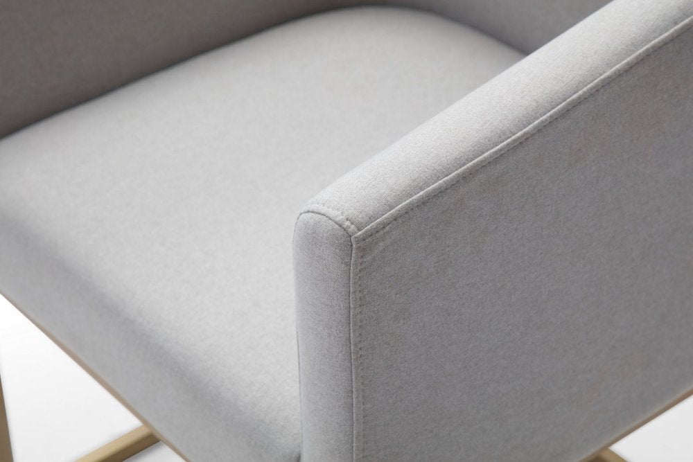 Light Gray and Antiqued Brass Upholstered Fabric Dining Arm Chair