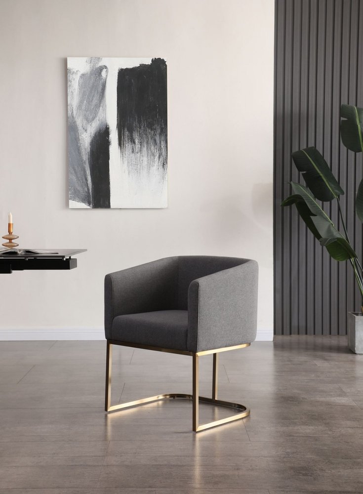 Dark Gray and Antiqued Brass Upholstered Fabric Dining Arm Chair