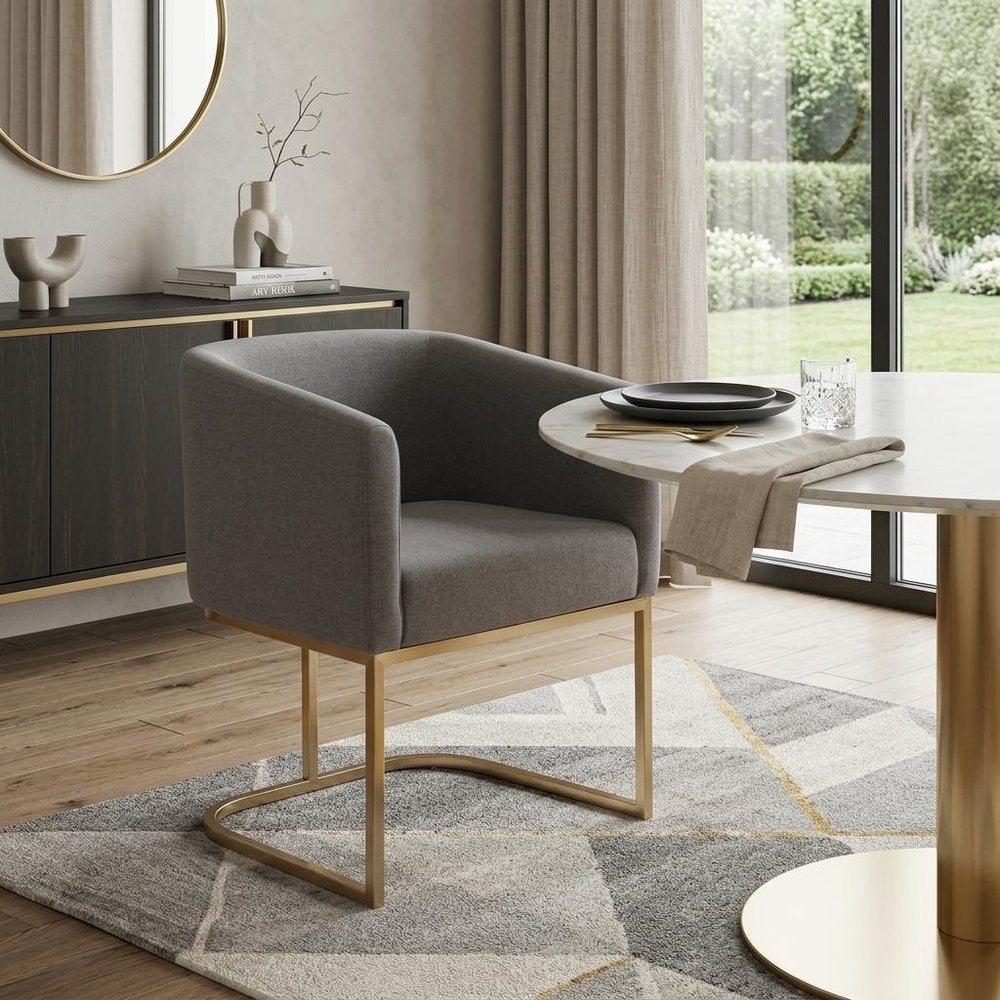 Dark Gray and Antiqued Brass Upholstered Fabric Dining Arm Chair