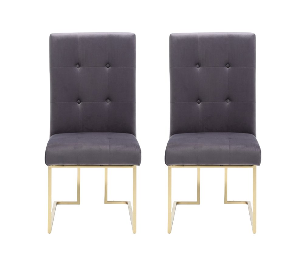Set of Two Tufted Gray and Gold Upholstered Fabric Dining Side Chairs