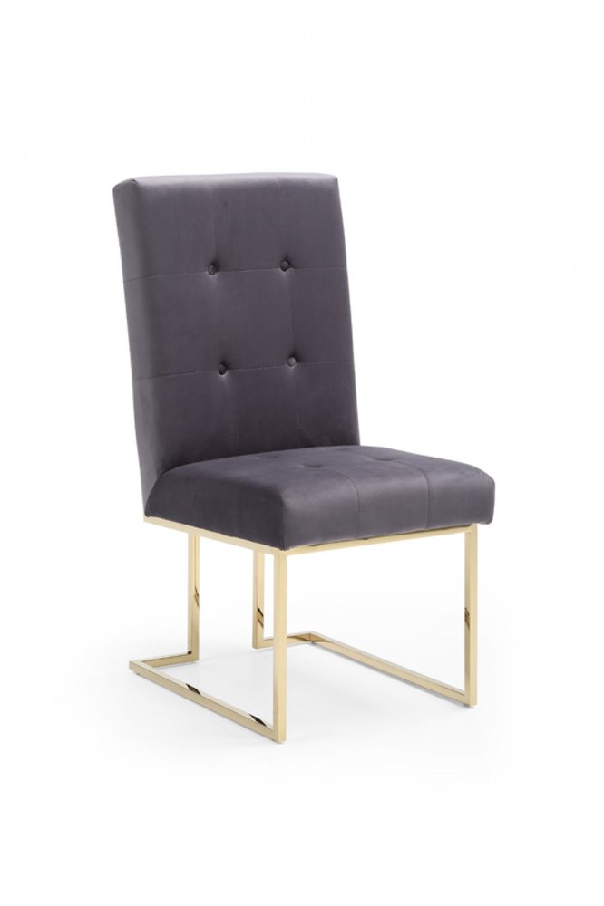Set of Two Tufted Gray and Gold Upholstered Fabric Dining Side Chairs