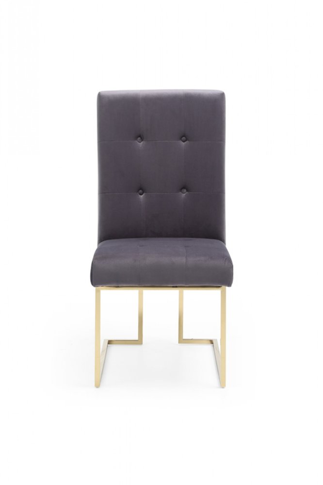 Set of Two Tufted Gray and Gold Upholstered Fabric Dining Side Chairs